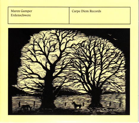 "Maren Gamper, Erdenschwere, Carpe Diem Records," Illustration von zwei großen Bäumen mit einem Tier im Vordergrund.