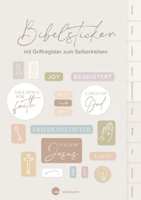 "Bibelsticker mit Grifffregister zum Selberkleben." Labels wie "JOY," "BEGEISTERT," Symbole und Register der Bibel.