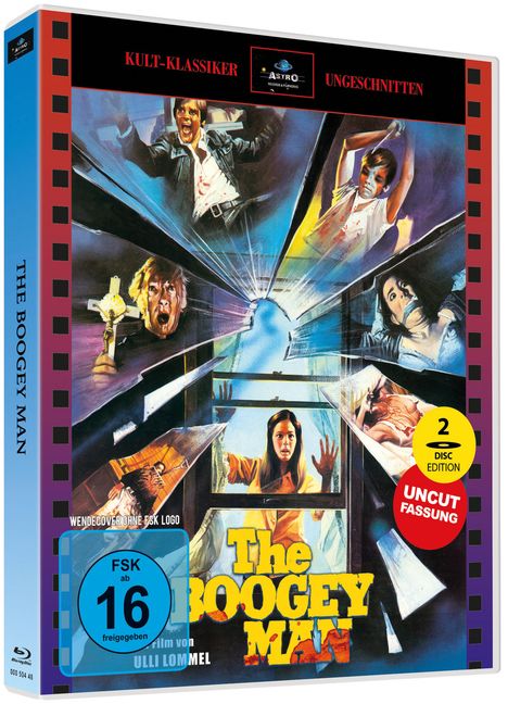 "Kult-Klassiker", "Ungeschnitten", "The Boogey Man". Illustration: Menschen in Panik umgeben von zerbrochenem Glas.