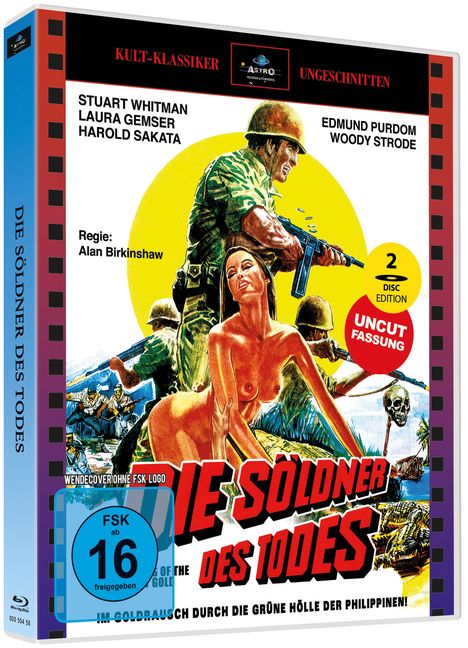 Text: "KULT-KLASSIKER", "UNGSCHNITTEN", "DIE SÖLDNER DES TODES", "Regie: Alan Birkinshaw", "2 DISC EDITION", "UNCUT FASSUNG". Eine aufregende Illustration mit Soldaten im Dschungel.