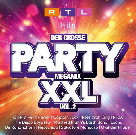RTL Hits: Der große Party Megamix XXL Vol.2. Namen von Künstlern auf buntem, strahlenden Hintergrund.