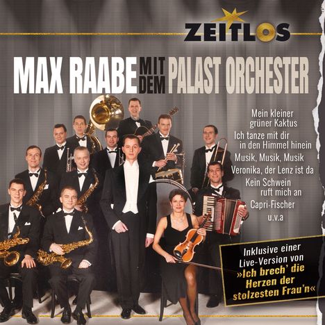 „MAX RAABE MIT DEM PALAST ORCHESTER“, Titel mehrerer Lieder. Große Gruppe in eleganter Kleidung mit Instrumenten.