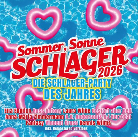 Text: „Sommer, Sonne, Schlager 2026“, „Die Schlager-Party des Jahres“. Hintergrund: Blaue Pool-Oberfläche mit pinken Herz-Luftmatratzen.