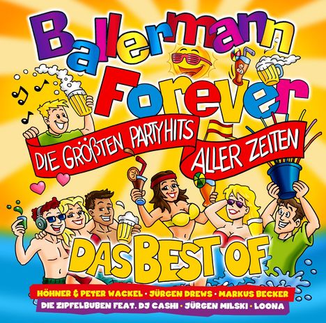 Bunte, fröhliche Illustration mit tanzenden Menschen, Bierkrügen und Noten. Text: "Ballermann Forever - Die größten Partyhits aller Zeiten - Das Best Of".