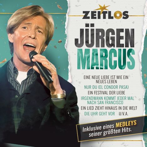 ZEITLOS JÜRGEN MARCUS. Titel seiner Hits: "Eine neue Liebe ist wie ein neues Leben" und mehr. Sänger mit Mikrofon.