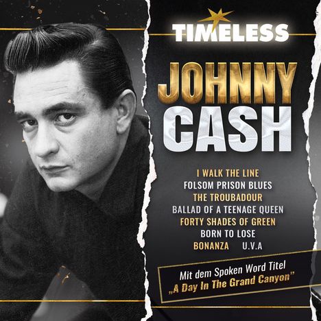 TIMLESS JOHNNY CASH in Gold und Weiß, daneben ein Schwarzweißbild eines nachdenklichen Mannes.