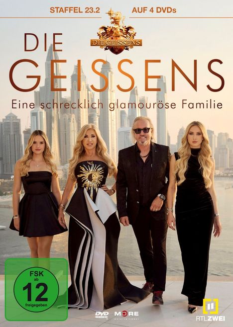 Text: "STAFFEL 23.2 AUF 4 DVDs, DIE GEISSENS, Eine schrecklich glamouröse Familie, FSK ab 12 freigegeben". Vier elegant gekleidete Personen vor einer Skyline.