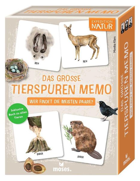 „Das große Tierspuren Memo“ – „Wer findet die meisten Paare?“ Oben Karten mit Tierillustrationen: Reh, Biber, Nest.