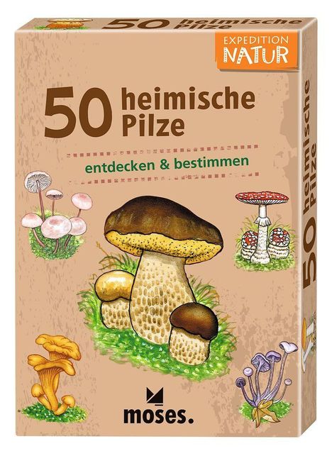 "50 heimische Pilze entdecken & bestimmen." Darstellung von verschiedenen Pilzen auf beigem Hintergrund. Logo: moses.