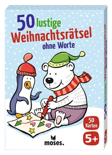 "50 lustige Weihnachtsrätsel ohne Worte. 50 Karten. 5+. Ein Pinguin und ein Eisbär malen gemeinsam bunte Motive."
