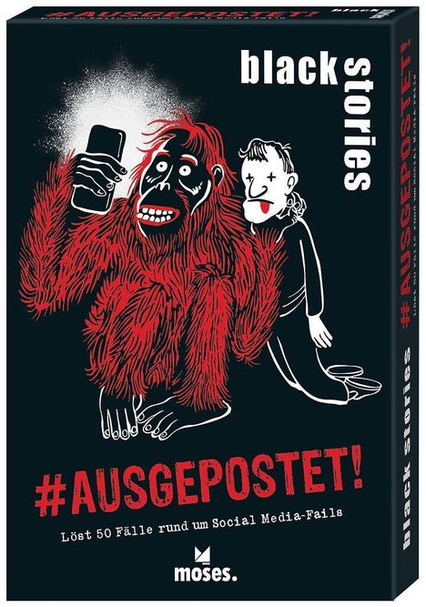#AUSGEPOSTET! Löst 50 Fälle rund um Social Media-Fails. Ein roter Affe mit Handy neben einem erschrockenen Mann.