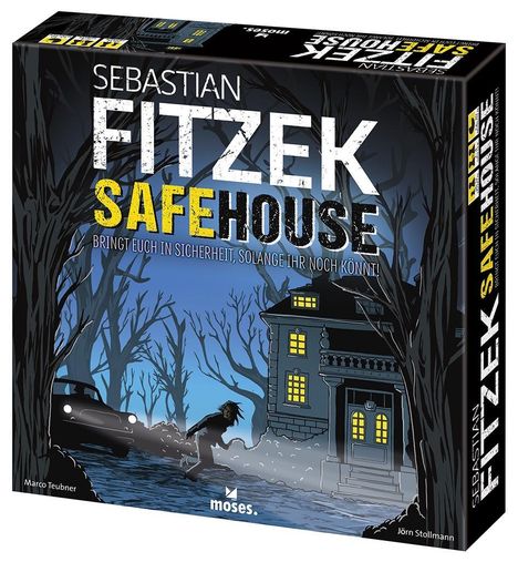 Cover eines Gesellschaftsspiels mit Schrift: "Sebastian Fitzek Safehouse. Bringt euch in Sicherheit, solange ihr noch könnt!"