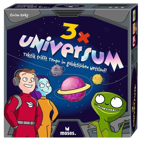 „3x Universum: Taktik trifft Tempo im galaktischen Wettlauf!“ Cartoon-Illustration mit drei Figuren und Planeten.