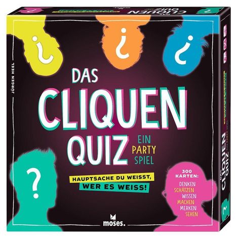 „Das Cliquen Quiz: Ein Partyspiel. Hauptsache du weißt, wer es weiß!“ Bunte Silhouetten mit Fragezeichen.