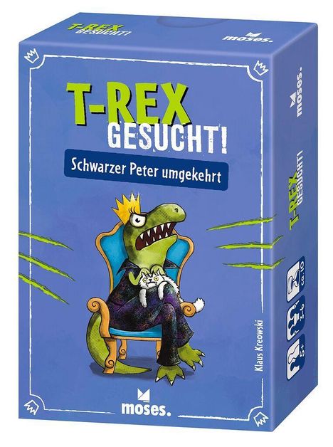 „T-Rex gesucht! Schwarzer Peter umgekehrt“ steht auf der Schachtel. Illustration: T-Rex im Sessel mit Katze.