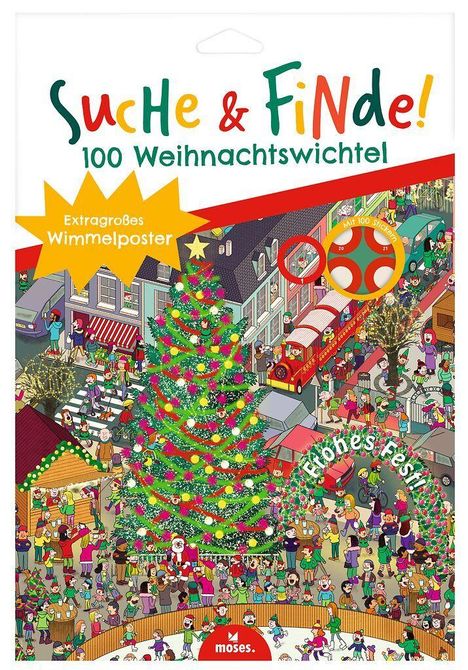 Suche & Finde! 100 Weihnachtswichtel. Extragroßes Wimmelposter. Fröhliches Fest! Festliche Szene mit Weihnachtsbaum und Markt.