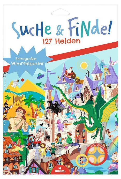 "Suche & Finde! 127 Helden. Extragroßes Wimmelposter." Eine farbenfrohe Illustration mit Märchenszenen.