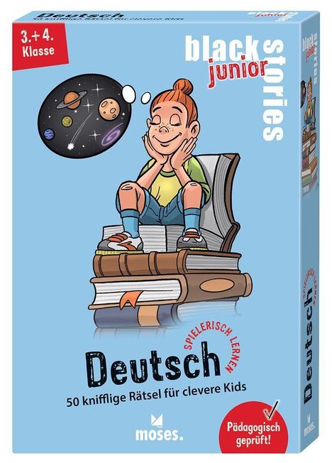 Text auf blauem Hintergrund: "Deutsch", "3.+4. Klasse", "spielerisch lernen", "50 knifflige Rätsel", "Pädagogisch geprüft!". Illustration: Ein Kind sitzt lächelnd auf Büchern und denkt über Planeten nach.