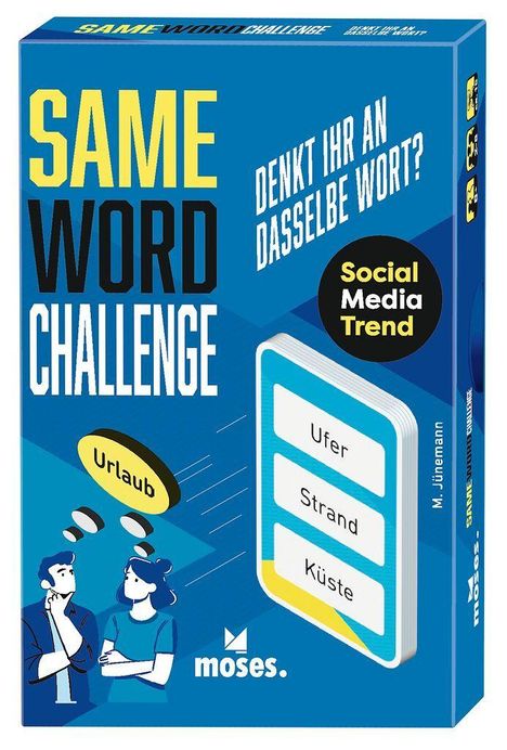 "SAME WORD CHALLENGE", "DENKT IHR AN DASSELBE WORT?", "Urlaub", "Social Media Trend", "Ufer", "Strand", "Küste". Zwei Personen.