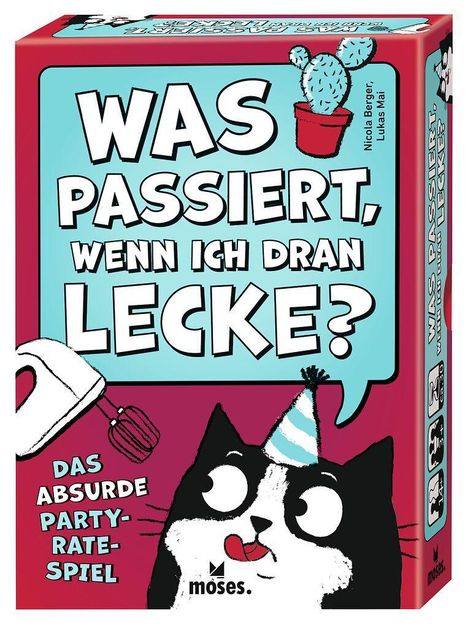 "Was passiert, wenn ich dran lecke?" steht groß auf einer Verpackung. Eine lächelnde Katze mit Partyhut ist illustriert.