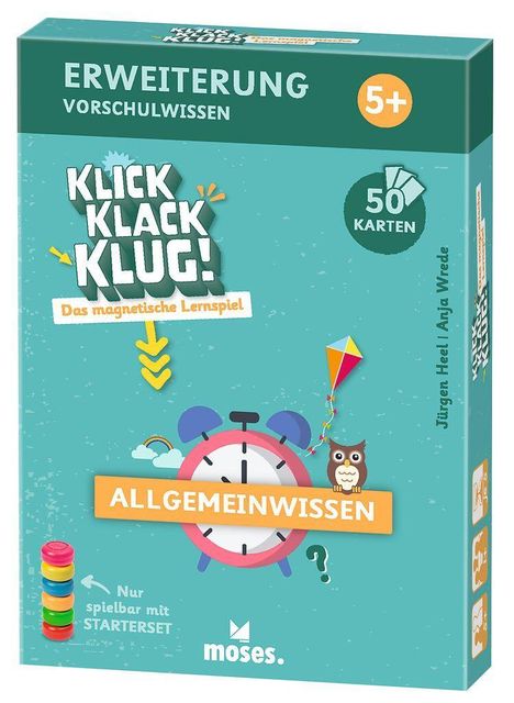 Erweiterung Vorschulwissen, Klick Klack Klug! Allgemeinwissen. Illustration mit Uhr, Eule und Drachen. Ab 5+, 50 Karten.