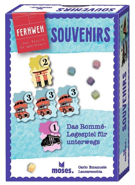 "FERNWEH - your ticket to adventure. SOUVENIRS. Das Rommé-Legespiel für unterwegs." Logo und bunte Spielsteine.