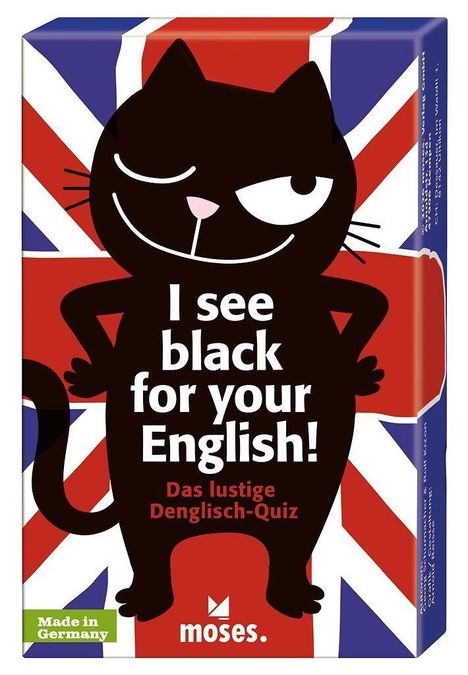 „I see black for your English! Das lustige Denglisch-Quiz“ steht über einer schwarzen Katze. Hintergrund ist die UK-Flagge.
