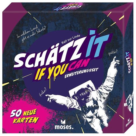 "Schätz It If You Can. Erweiterungsset. Ralf zur Linde. 50 neue Karten." Illustration eines Astronauten und bunte Design-Elemente.