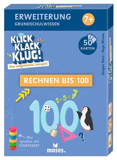 "ERWEITERUNG GRUNDSCHULWISSEN, RECHNEN BIS 100. Enthält 50 Karten, 7+ Jahre. Mit Pinguin und bunten Lernsymbolen."