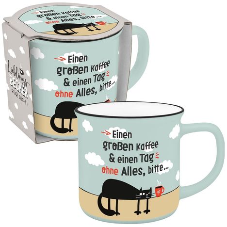 Becher in Emailloptik "Einen großen Kaffee & einen Tag ohne Alles, bitte...", Diverse