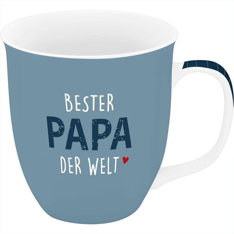 „Bester Papa der Welt“ steht auf einer blauen Tasse mit einem kleinen roten Herz.