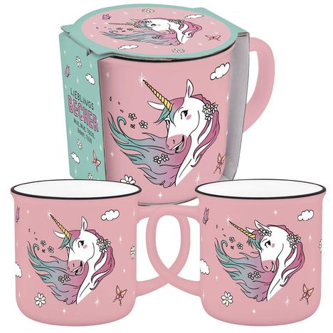 „Lieblingsbecher“, rosa Tassen mit Einhorn-Illustration, Blumen, Schmetterlingen und Wolken.