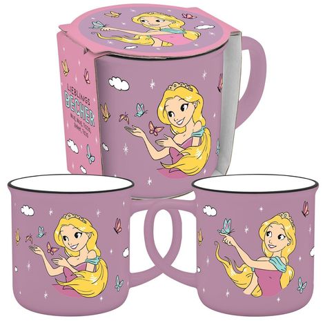 "Lieblings Becher" auf rosa Tassen mit Illustration einer lächelnden Prinzessin mit Schmetterlingen und Wolken dekoriert.