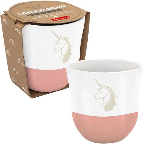 „Lieblingsbecher“ auf Karton; weiße Tasse mit rosa Boden und Einhornrelief. Verpackung aus braunem Karton mit Regenbogenmustern.