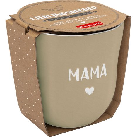 Tasse in brauner Verpackung. Text: "LIEBLINGSBECHER", "MAMA" mit Herzsymbol. Natürliche, schlichte Gestaltung.