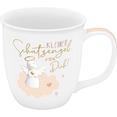 Auf der Tasse steht: "Kleiner Schutzengel für Dich!". Ein niedlicher Engel mit Heiligenschein und kleinen Herzen ist abgebildet.