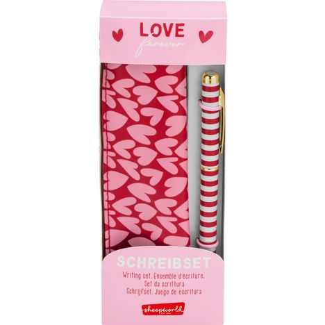"LOVE forever" und "SCHREIBSET" stehen auf einer Verpackung mit pinken Herzen, Stift und Etui.