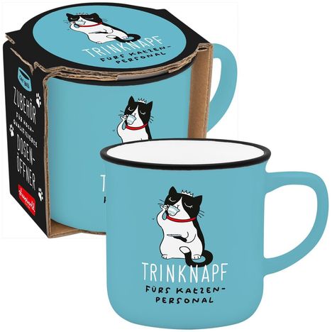 Die Tasse zeigt: "TRINKNAPF FÜRS KATZEN-PERSONAL". Eine Katze mit Krone illustriert das Design.