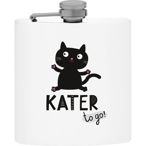 "KATER to go" steht unter einer Illustration einer schwarzen Katze auf einer weißen Flask.
