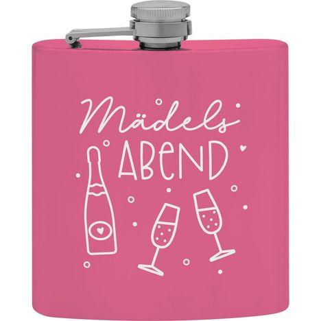 Text „Mädels Abend“. Eine rosa Flasche mit Sektflasche und Gläsern illustriert.