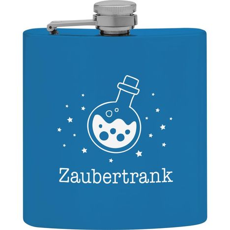 Text "Zaubertrank". Illustration: Runde Flasche mit Blubberblasen, umgeben von Sternen auf blauem Hintergrund.