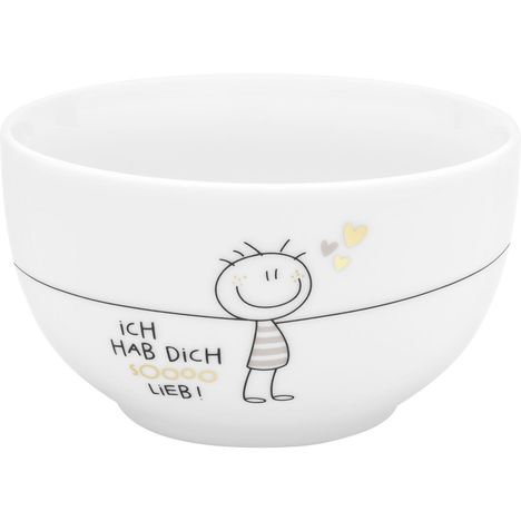 „ICH HAB DICH SOOOO LIEB!” Auf der Schüssel ein Strichmännchen mit ausgebreiteten Armen und kleinen Herzen.