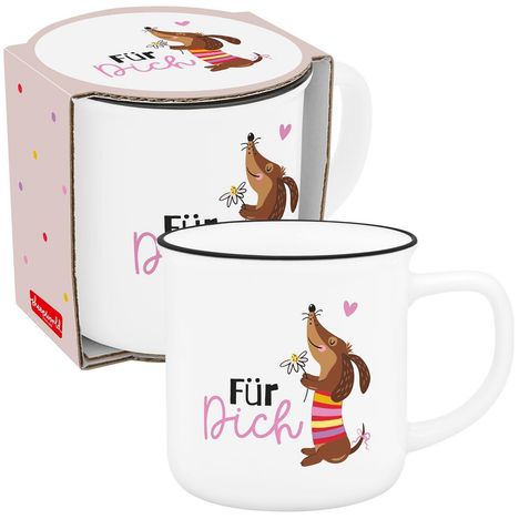 „Für Dich“ steht geschrieben, daneben ein Dackel mit Blume, umgeben von Herzen. Auf einer Tasse und Verpackung.