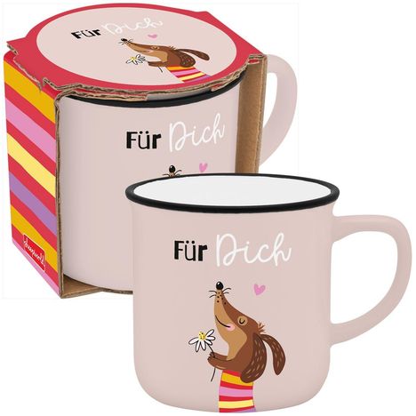 Auf einer Tasse steht "Für Dich". Sie zeigt einen fröhlichen Hund mit Blume. Verpackung bunt gestreift.