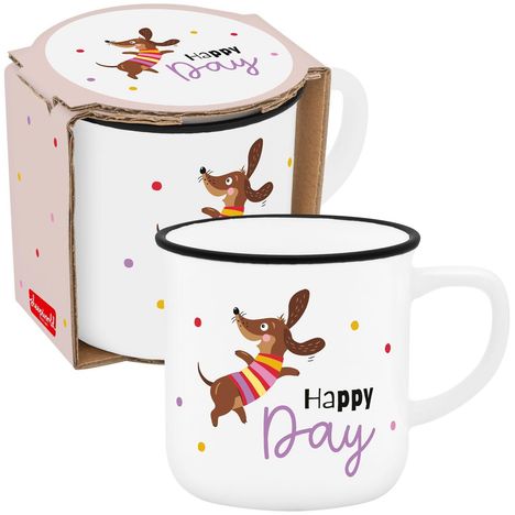 Text "Happy Day". Illustration eines fröhlichen Hundes in einem gestreiften Pullover, umgeben von bunten Punkten.