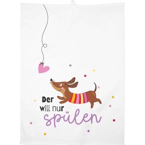 Text: "Der will nur spülen." Ein fröhlicher Dackel springt, ein rosa Herz und bunte Punkte umgeben ihn.