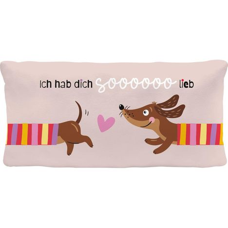 "Ich hab dich sooooooo lieb" steht über zwei freudigen Hunden, die ein rosa Herz teilen.