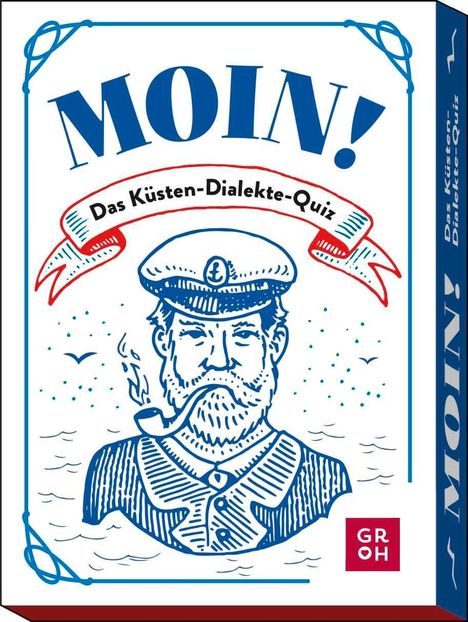 „MOIN! Das Küsten-Dialekte-Quiz“. Illustration eines bärtigen Seemanns mit Mütze und Pfeife, umgeben von Meer.