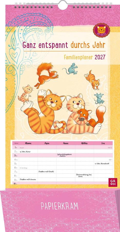 „Ganz entspannt durchs Jahr“ und „Familienplaner 2027“. Illustration von spielenden Katzen und einem Eichhörnchen.