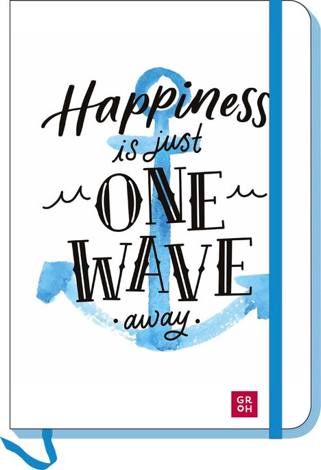 „Happiness is just one wave away.“ Vor einem blauen Anker. Oben rechts ein rotes, quadratisches Logo.